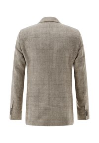 Checkered beige blazer showing back view, made of textured fabric, featuring a classic notch lapel and buttoned cuffs.
