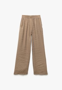 Beige wijde pijpenbroek van lichtgewicht stof, met een elastische tailleband, vo pockets aan de voorkant en een gladde textuur met lichte kreuken.