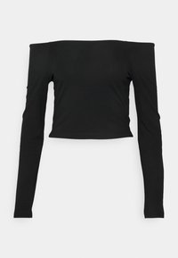 Czarny, odsłonięty top w stylu crop wykonany z elastycznej, gładkiej tkaniny; posiada długie rękawy i dopasowany krój. Bez wzorów ani ozdób.