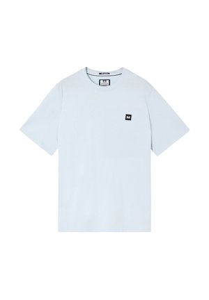 Einfarbig hellblaues T-Shirt mit kurzen Ärmeln, rundem Halsausschnitt und kleinem schwarzem Quadrat-Logo auf der linken Brust.