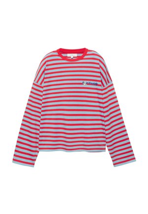 Langarmshirt met ronde hals, met rode en lichtblauwe horizontale strepen en een kleine blauwe tekst "Bold Society" op de linkerborst.