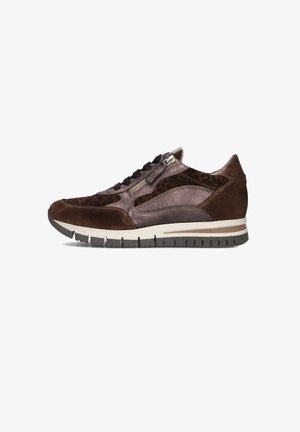 Brown suede and leather sneaker with a textured surface, featuring a zip closure, lace-up front, and a white and gray rubber sole.