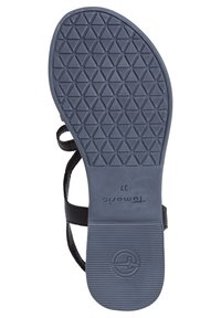 Sandal nero con suola in gomma testurizzata triangolare, caratterizzata da un design piatto e cinturini regolabili per una vestibilità sicura. Taglia 37 riportata sulla suola.