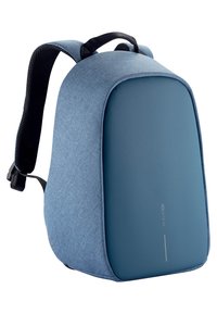 Blue fabric backpack with a rounded, structured shape, featuring a smooth front panel and padded shoulder straps. Minimalist design accents.