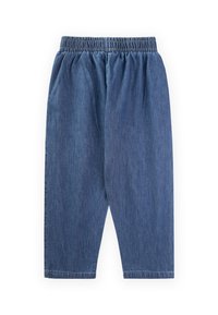 Jeans s elastickým pásom, širokými nohavicami a stredne modrou farbou. Hladká textura s jemnými vertikálnymi pruhmi. Bez vreciek.