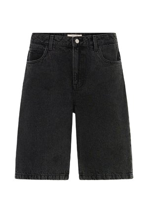 Shorts en denim noir avec passants pour ceinture, bouton à l'avant, fermeture éclair et poches avant, présentés sur un fond blanc.