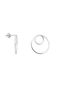 Silvriga hoopörhängen med en stor cirkulär design och en mindre cirkel fäst. Ytan är slät och polerad med en minimalistisk stil.