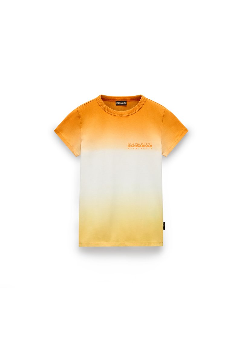 T-shirt à manches courtes avec un dégradé d'orange à blanc, avec un petit logo imprimé au centre et une étiquette sur le côté.