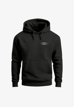 Black pullover hoodie made of soft fabric, featuring a front pocket, drawstring hood, and a small white logo on the chest.