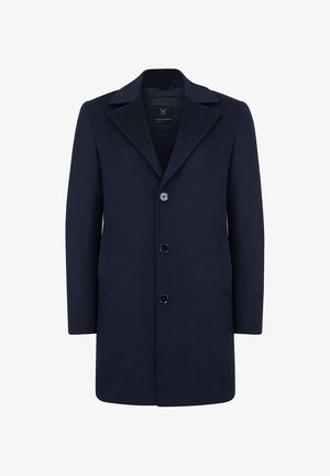 Abrigo largo de mezcla de lana azul marino con solapa de muesca, mangas largas y un diseño de un solo pecho con tres botones frontales y bolsillos laterales.