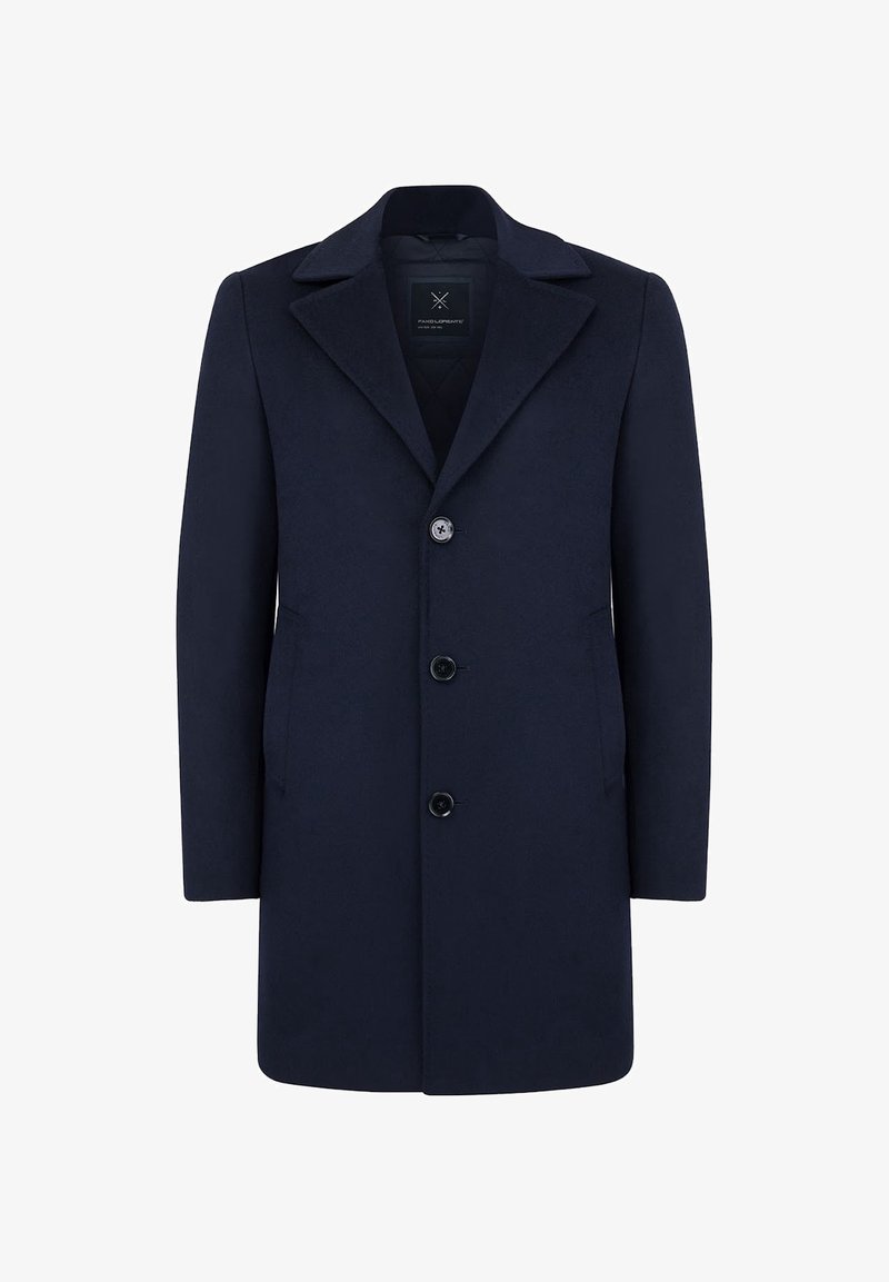 Granatowy płaszcz z mieszanki wełny z klapą z nacięciem, długimi rękawami oraz jednorzędowym fasonem z trzema guzikami z przodu i bocznymi kieszeniami.