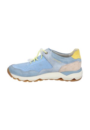 Light blue sneaker made of mesh and suede, featuring yellow accents, a textured pattern, and a thick rubber sole with a grip design.