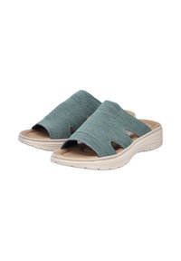 Textile slide sandals in teal, featuring two wide straps with cutouts, a cushioned tan insole, and a white textured sole.