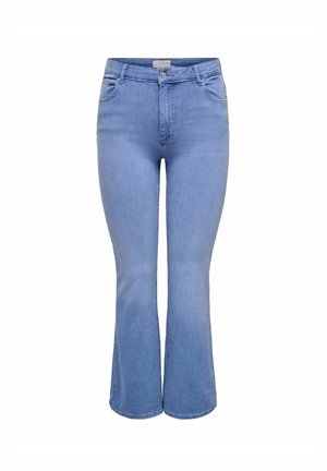 Jean évasé bleu clair en denim, présentant une taille haute, un design à cinq poches et des détails de couture subtils le long des coutures.