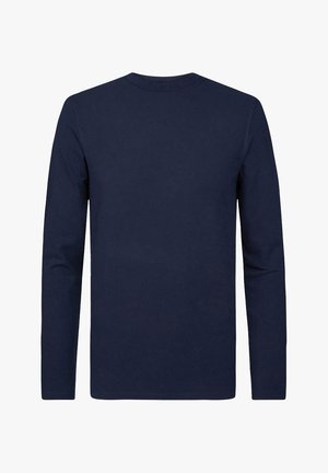 T-shirt a maniche lunghe di colore blu navy, realizzato in cotone. Presenta un collo rotondo e una texture liscia, senza motivi o accessori visibili.