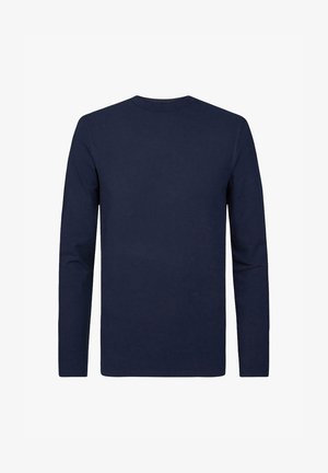 Marineblauwe longsleeve T-shirt van katoen. Beschikt over een ronde halslijn en een zachte textuur, zonder zichtbare patronen of hardware.