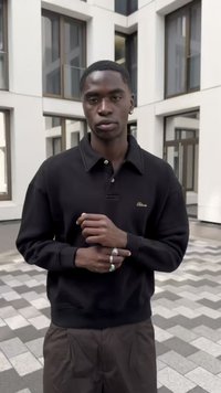 Polo en coton noir avec un col et broderies dorées. Le modèle porte un pantalon marron foncé et plusieurs bagues en argent. Pavage à carreaux en arrière-plan.