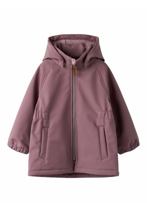 Mauve barnehettejakke med glidelås foran, elastiske mansjetter, to frontlommer og litt lengre bakre kant.