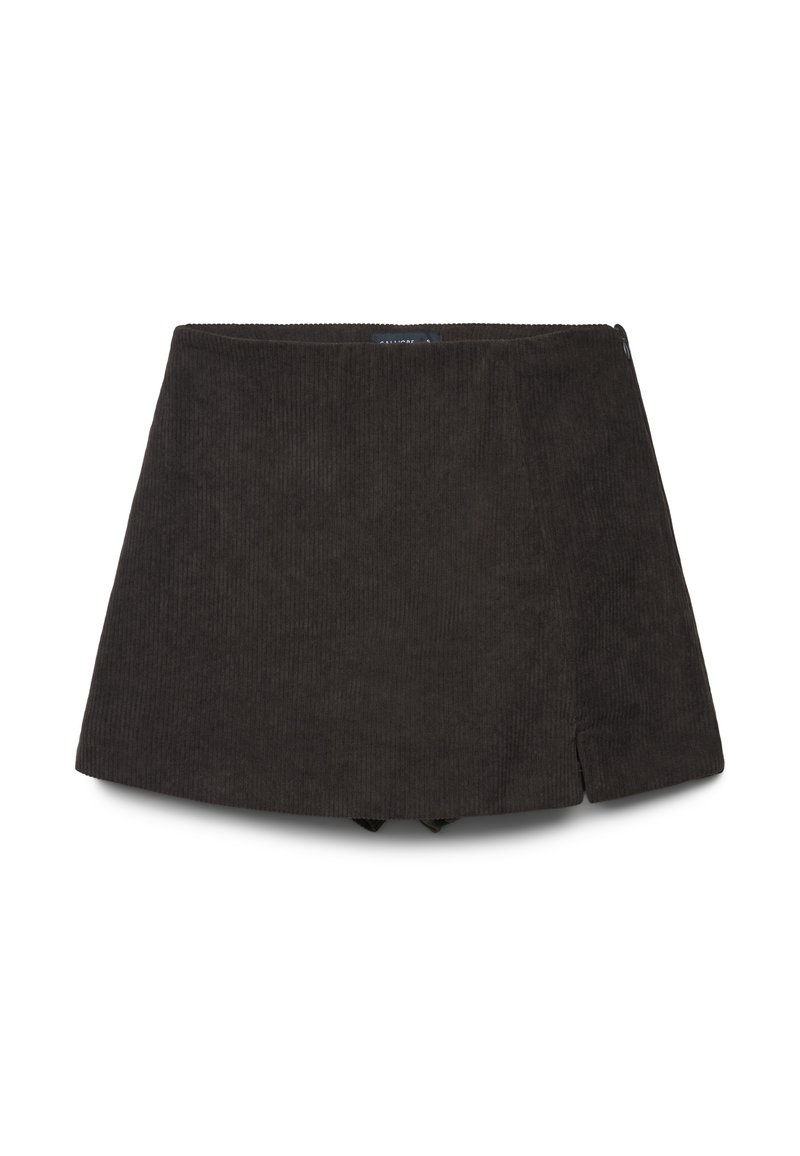 Dunkelbrauner Samt-Minikilt mit dezentem vorderem Schlitz und Reißverschluss am Bund, auf einem weißen Hintergrund flach ausgelegt.