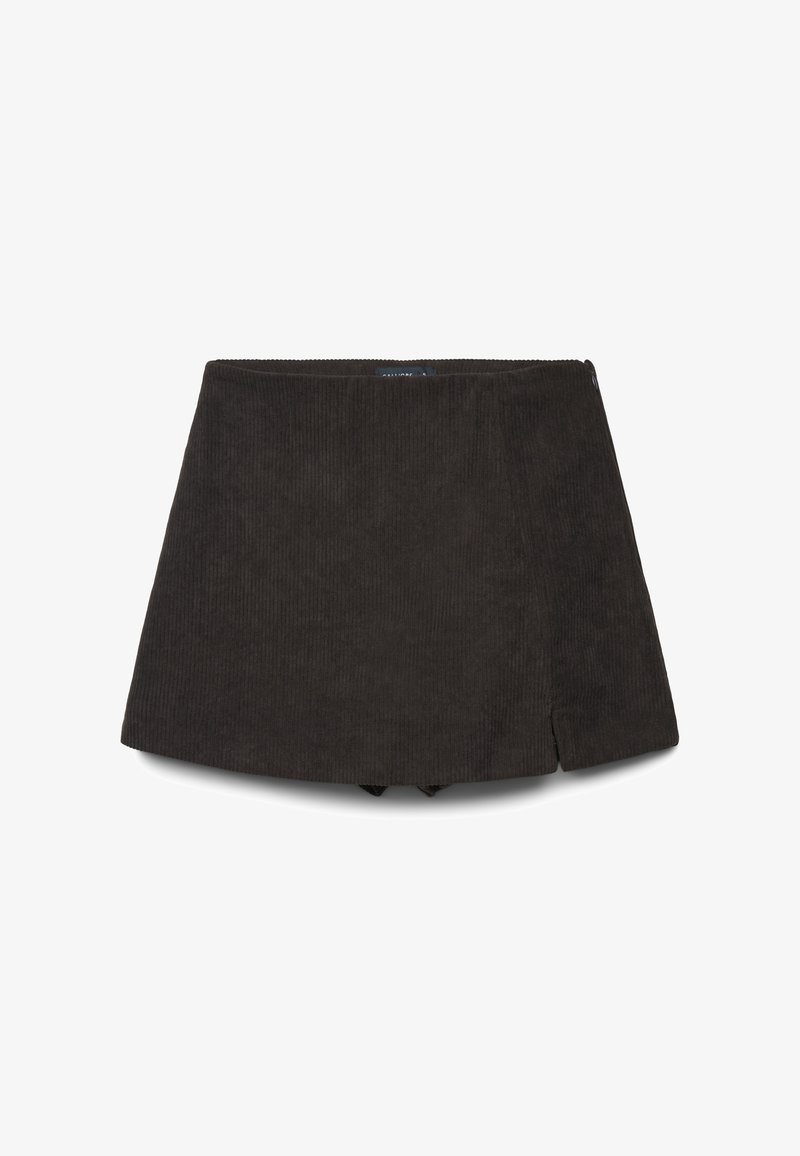 Dunkelbrauner Samt-Minikilt mit dezentem vorderem Schlitz und Reißverschluss am Bund, auf einem weißen Hintergrund flach ausgelegt.
