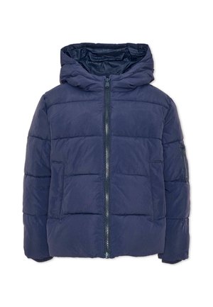 Chaqueta acolchada azul marino con capucha, cremallera frontal, dos bolsillos laterales y un bolsillo con cremallera en la manga izquierda.