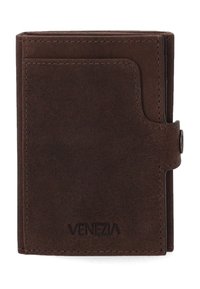 Bruine leren portefeuille met een gladde textuur, vouwontwerp, zichtbare stiksels, voorvak en reliëflogo "VENEZIA" voor branding.