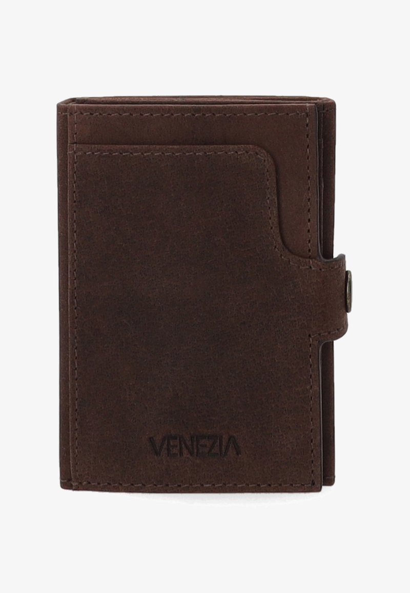 Bruine leren portefeuille met een gladde textuur, vouwontwerp, zichtbare stiksels, voorvak en reliëflogo "VENEZIA" voor branding.