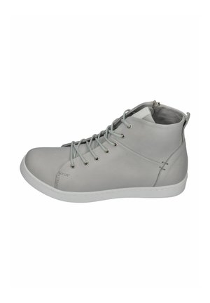 Light gray high-top sneaker with laces, side zipper, and white rubber sole shown from the outer side.