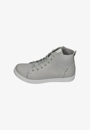 Light gray high-top sneaker with laces, side zipper, and white rubber sole shown from the outer side.