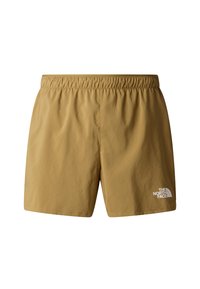 Brown elastic waistband shorts made of lightweight fabric. Features a white logo on the bottom right. Simple, unadorned design.
