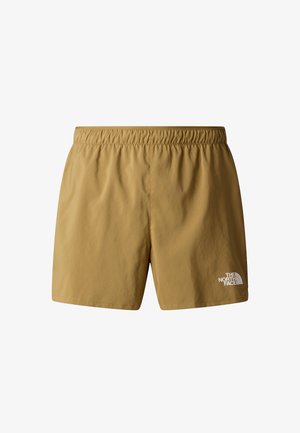 Brune shorts med elastisk taljebånd lavet af letvægtsstof. Har en hvid logo nederst til højre. Enkel, ubeklædt design.