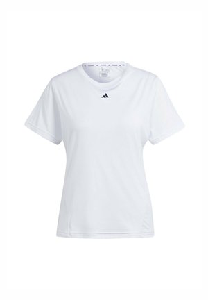 Weißes Sport-T-Shirt aus leichtem Stoff. Kurze Ärmel, Rundhalsausschnitt und ein kleines schwarzes Logo auf der Brust. Schlichtes Design.