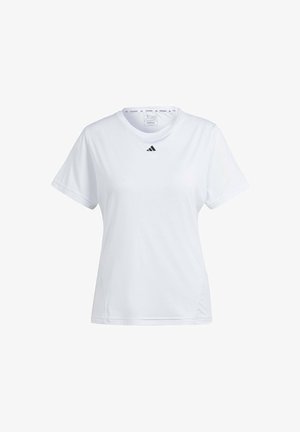 Hvid atletisk t-shirt lavet af letvægtsstof. Korte ærmer, rund halsudskæring og et lille sort logo på brystet. Simpelt design.