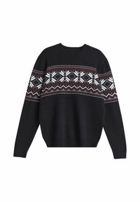 Czarny sweter z dzianiny z okrągłym dekoltem, zdobiony białym i bordowym geometrycznym wzorem na wysokości klatki piersiowej oraz ściągaczami na rękawach i dole.