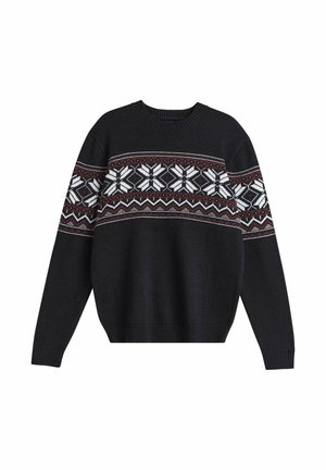 Czarny sweter z dzianiny z okrągłym dekoltem, zdobiony białym i bordowym geometrycznym wzorem na wysokości klatki piersiowej oraz ściągaczami na rękawach i dole.