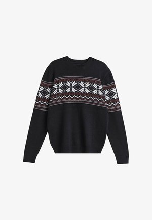 Czarny sweter z dzianiny z okrągłym dekoltem, zdobiony białym i bordowym geometrycznym wzorem na wysokości klatki piersiowej oraz ściągaczami na rękawach i dole.