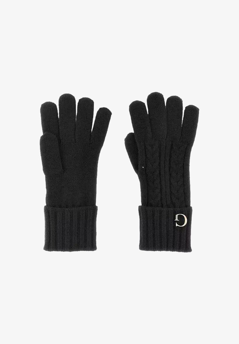 Czarne dziergane rękawiczki z ściągaczem i wzorem warkocza. Na ściągaczu znajduje się małe srebrne logo jako detal. Miękka tekstura.