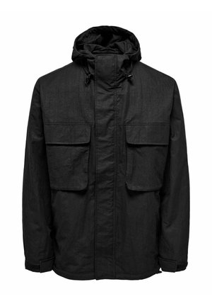 Black jacket featuring a hood, two large front pockets, and a textured fabric. It has a straight silhouette and adjustable cuffs.