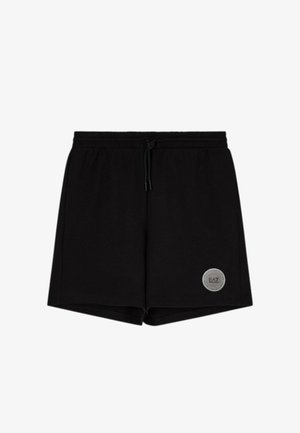 Shorts con vita elasticizzata nera, coulisse e toppa rotonda grigia con logo sulla parte inferiore della gamba sinistra.