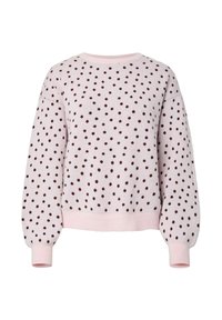 Pull tricoté rose avec des pois marron, coupe décontractée, manches larges et poignets côtelés. Encolure ronde et texture douce sur toute la surface.