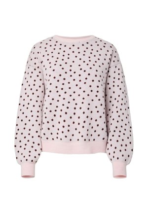 Maglione rosa lavorato a maglia con pois marroni, vestibilità comoda, maniche larghe e polsini a costine. Scollo rotondo e texture morbida su tutta la superficie.