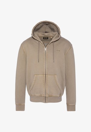 Beżowa bluza z kapturem zapinana na zamek, z regulowanym kapturem, kieszeniami typu kangur, ribbowymi mankietami i gładką teksturą. Posiada haftowane logo na klatce piersiowej.