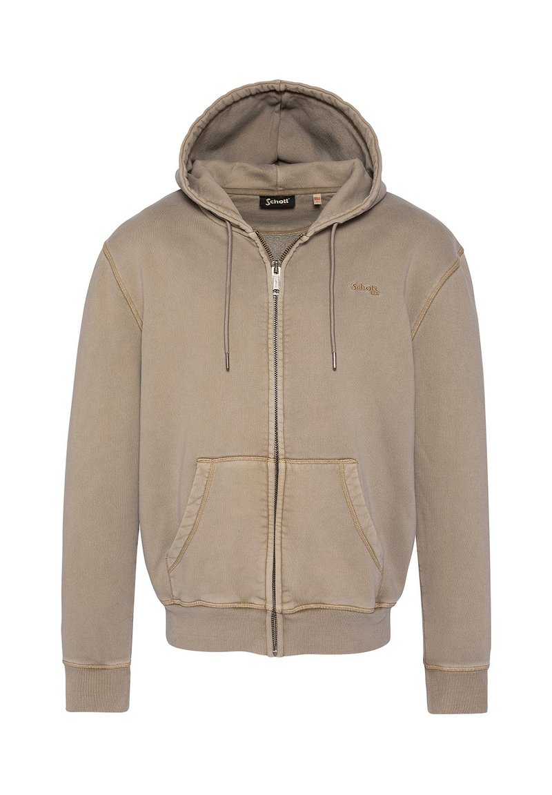 Beige lynlåshættejakke med snøre i hætten, kængurulommer, ribbede manchetter og en glat tekstur. Har logo brodering på brystet.