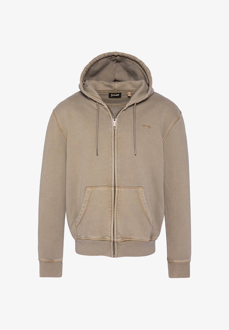 Beige lynlåshættejakke med snøre i hætten, kængurulommer, ribbede manchetter og en glat tekstur. Har logo brodering på brystet.