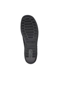 Black shoe sole with textured tread pattern, featuring a logo accent and a smooth edge. Made from rubber with a durable design.