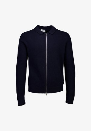 Marine blauwe zip-up trui met een kraag, gemaakt van textiel. Kenmerkt zich door ribgebreide manchet en zoom, ontworpen voor een getailleerd silhouet.