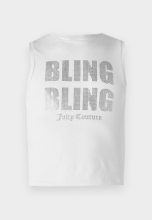 Top scurt fără mâneci alb, cu inscripția "BLING BLING" realizată din mari pietre strass, iar la bază apare textul mai mic "Juicy Couture". Textura materialului este netedă.