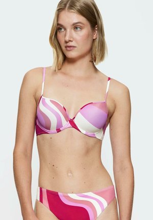 Bra with pink and white wave pattern, padded cups, adjustable straps, and matching bikini bottom featuring similar design and color scheme.