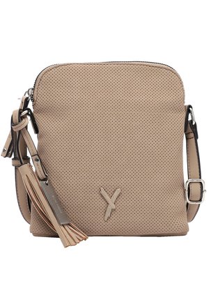 Beige crossbody bag with perforated texture, adjustable strap, tassel charm, and small stitched logo on front.
