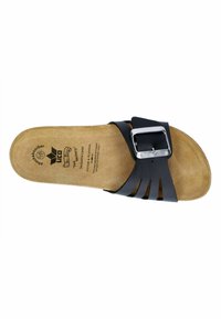 Black leather sandal with a wide strap, featuring a metal buckle and cut-out design. Cushioned cork footbed with textured surface.